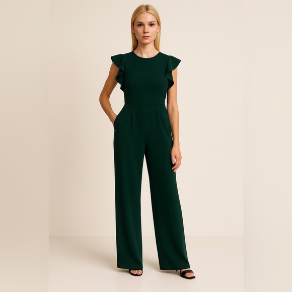 Calvin Klein Hunter Green Flutter Ruffle Jumpsuit Size 6 - Picture 1 of 12